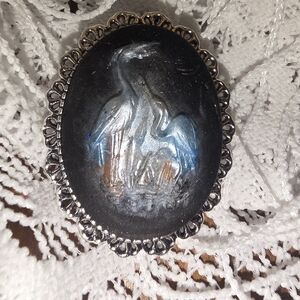 Little Herons Handmade Oval Cameo Brooch in Black Metal Frame
